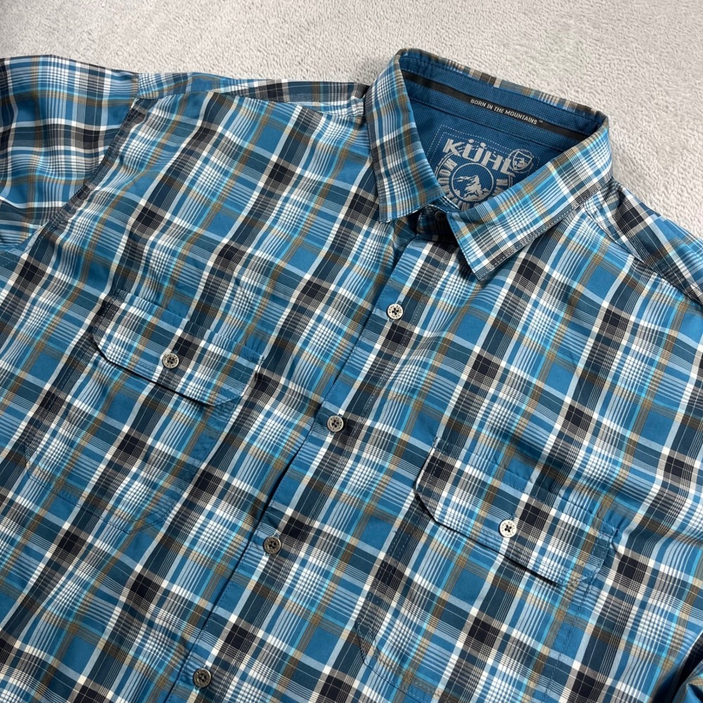 Kuhl Eluxur Mens XXL Blue Plaid Short Sleeve Button Down Hiking Shirt